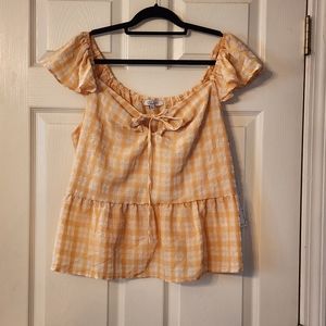 SWEET RAIN plaid off shoulder ruffle blouse keyhole tie front yellow cre…
